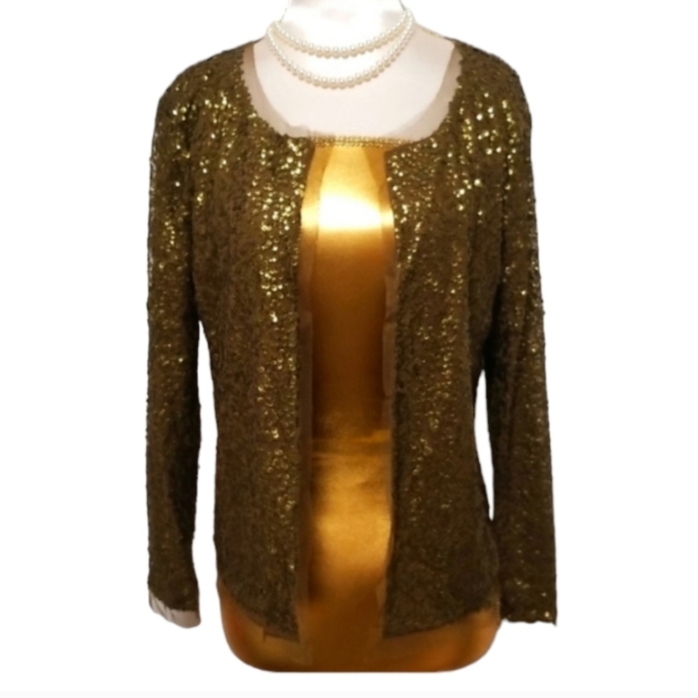 J. Crew Army Green Color Tulle Trim Sequined Open Cardigan Lightweight Blazer